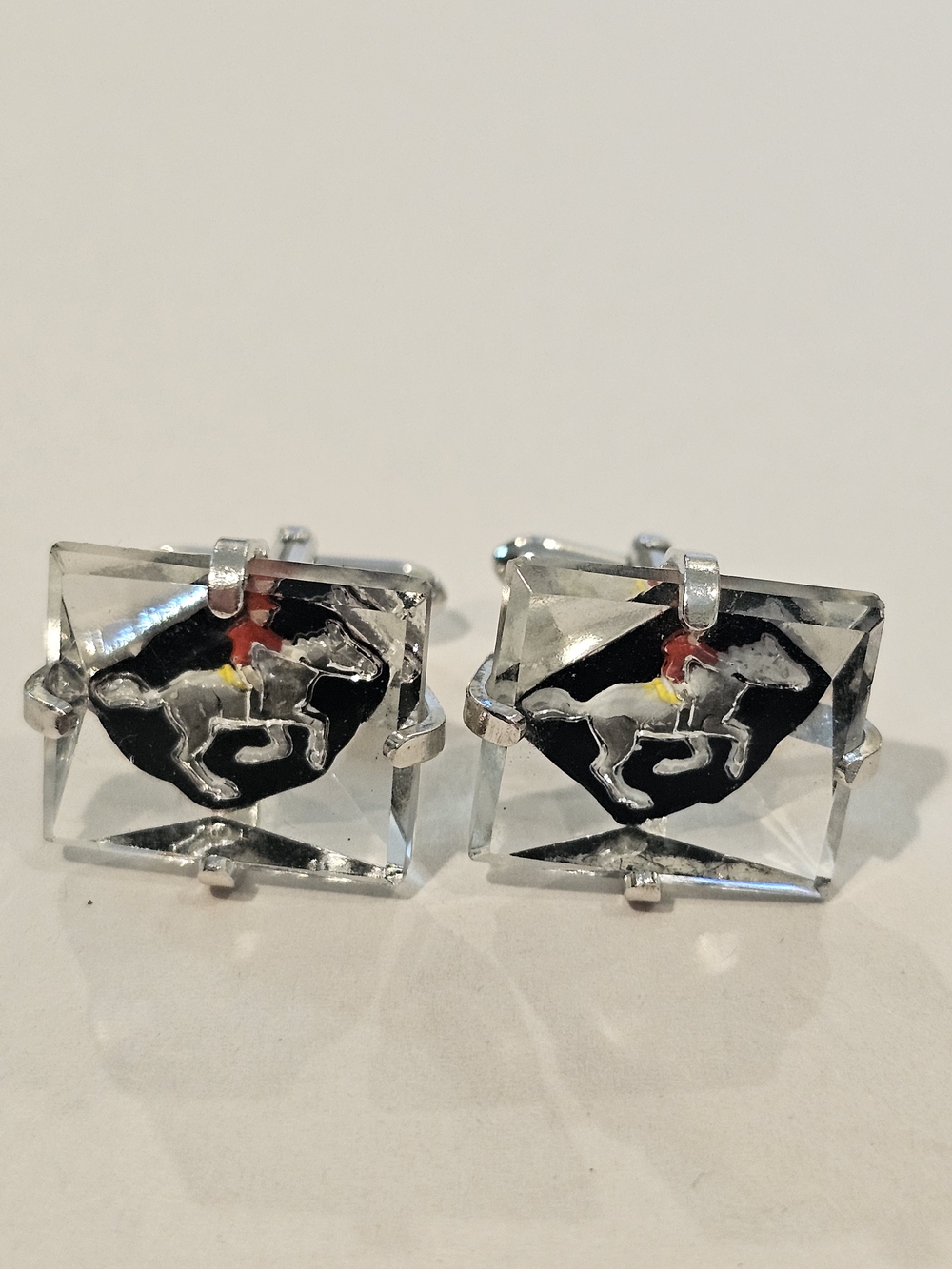 Vintage Swank Equestrian Cufflinks, Reverse Painted Lucite Horse & Jockey